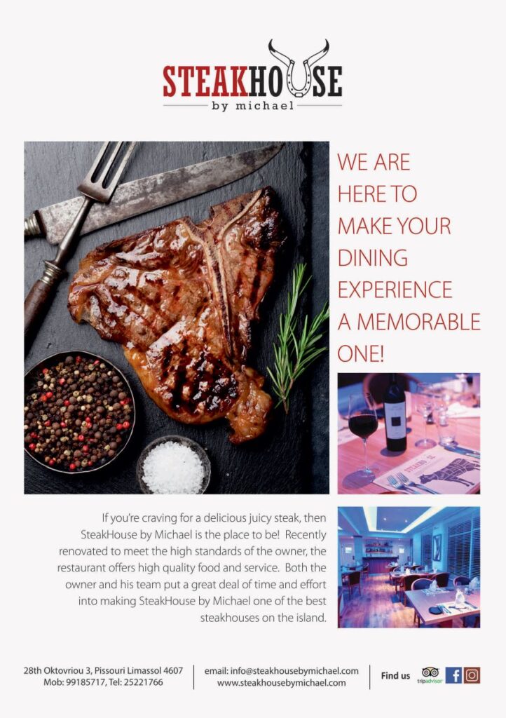 Advert for Steakhouse by Michael restaurant in Pissouri, Cyprus.