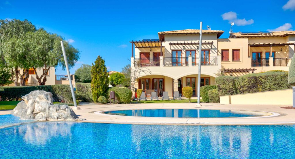 View of apartment BF02 on Theseus Village from the communal pool, Aphrodite Hills Resort, cyprus.