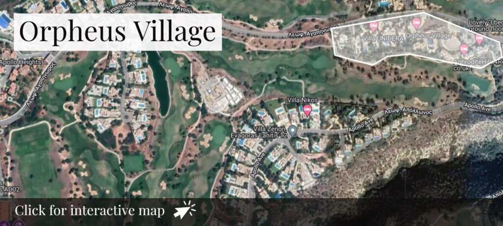 Thumbnail of map - aerial of Orpheus Village communal village on Aphrodite Hills Resort. Googlemap screenshot. Presented by Aphroditerentals.com