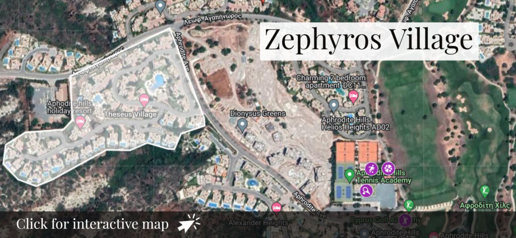 Thumbnail of map - aerial of Zephyros Village communal village on Aphrodite Hills Resort. Googlemap screenshot. Presented by Aphroditerentals.com