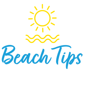 Sunshine over waves drawing with text under reading 'Beach Tips'