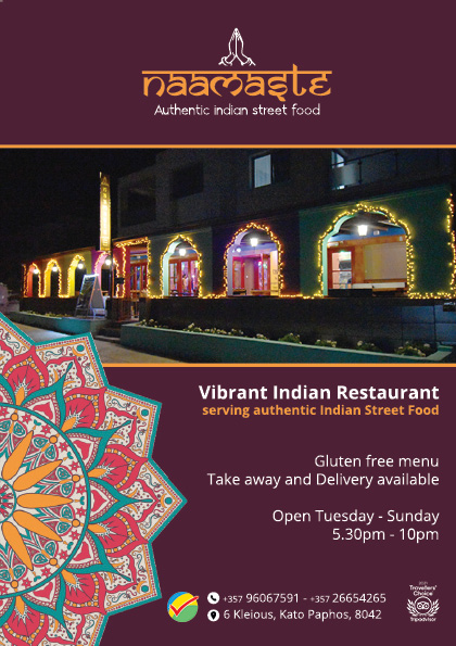 Advert for Naamaste Restaurant, 8509 Magazine by Aphroditerentals.com
