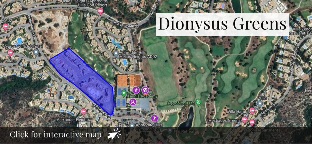 Googlemap screenshot of Dionysus Greens on Aphrodite Hills, showing polygon around the village itself, and text overlay 'dionysus Greens'.